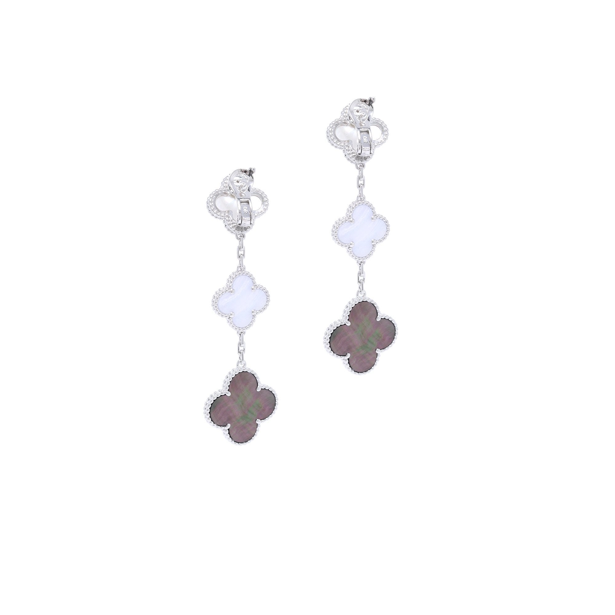 Van Cleef & Arpels 18k White Gold Magic Alhambra Earrings, 3 Motifs w/ Box
