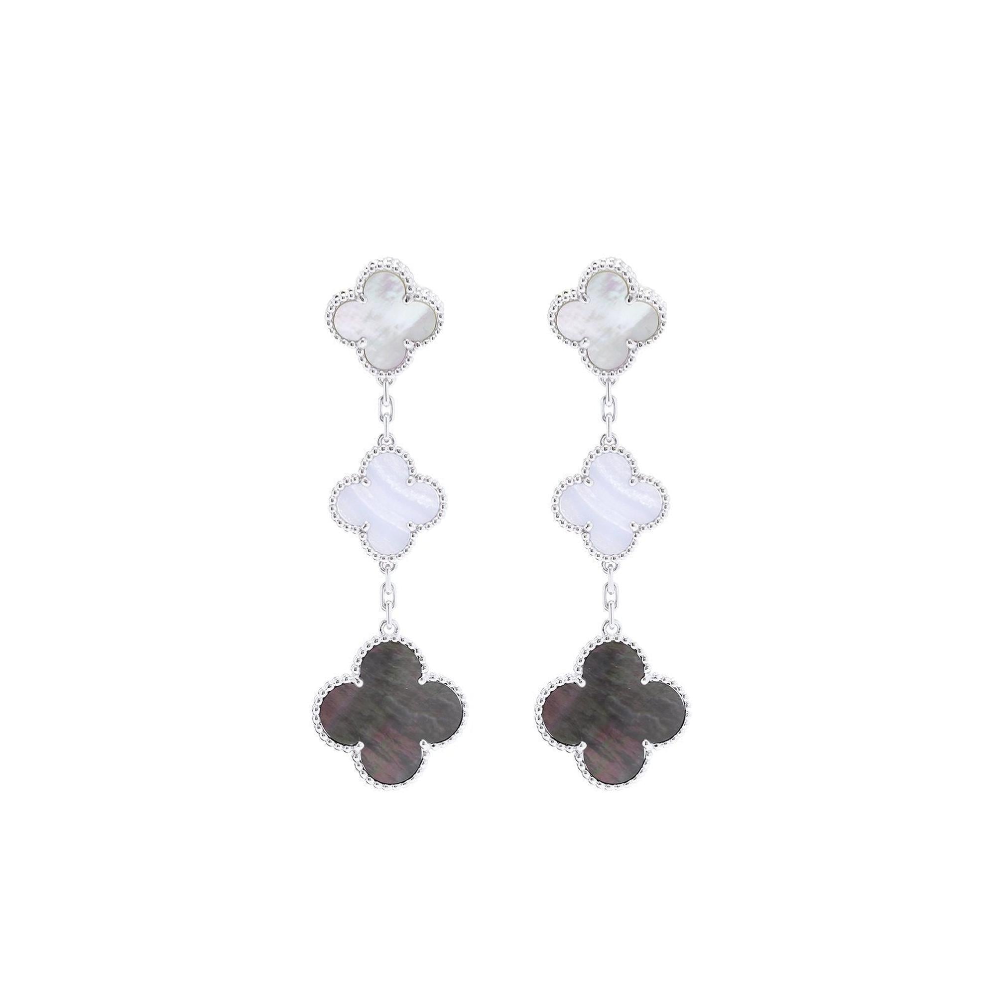 Van Cleef & Arpels 18k White Gold Magic Alhambra Earrings, 3 Motifs w/ Box