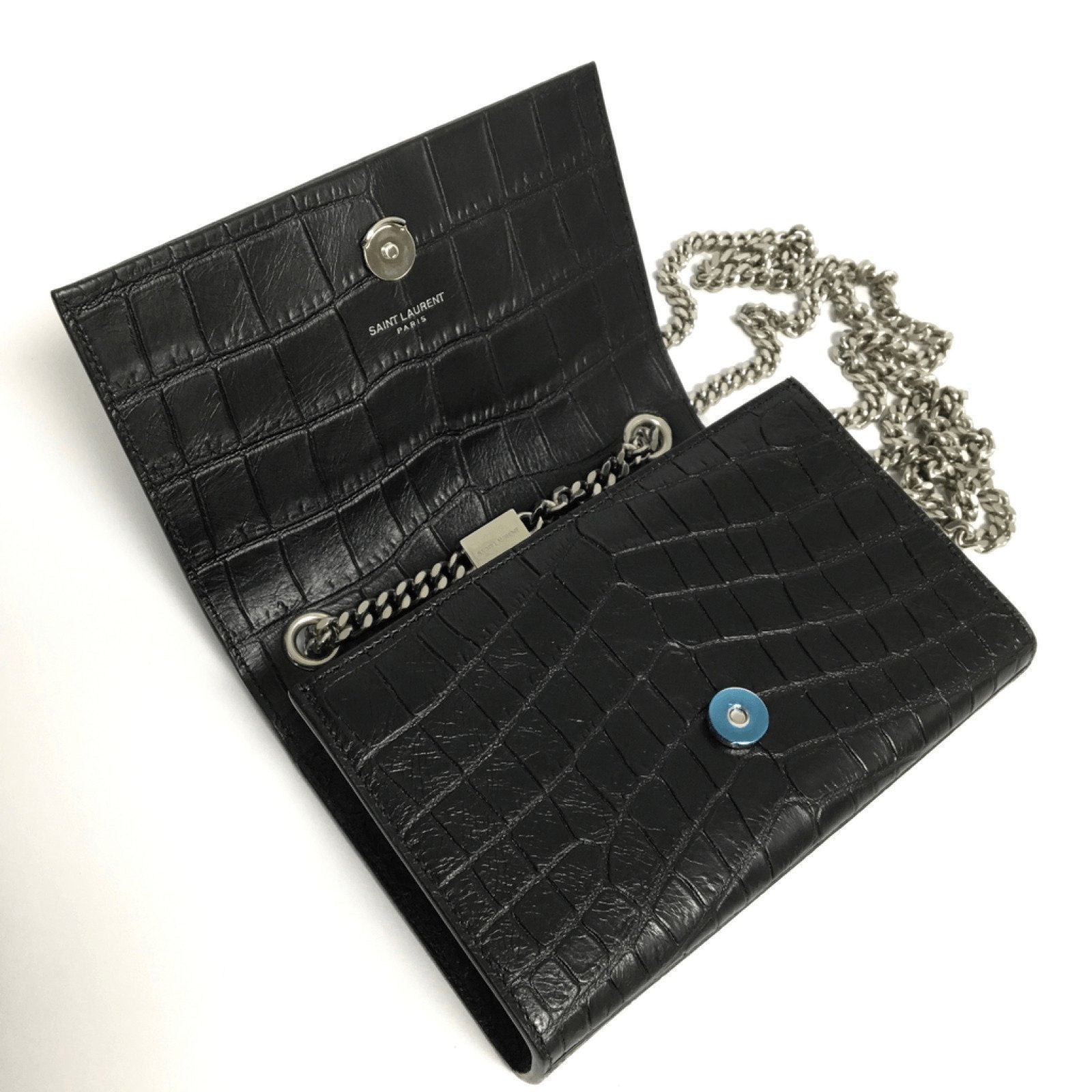 YSL Black Croc Embossed Monogram Kate Tassel Bag