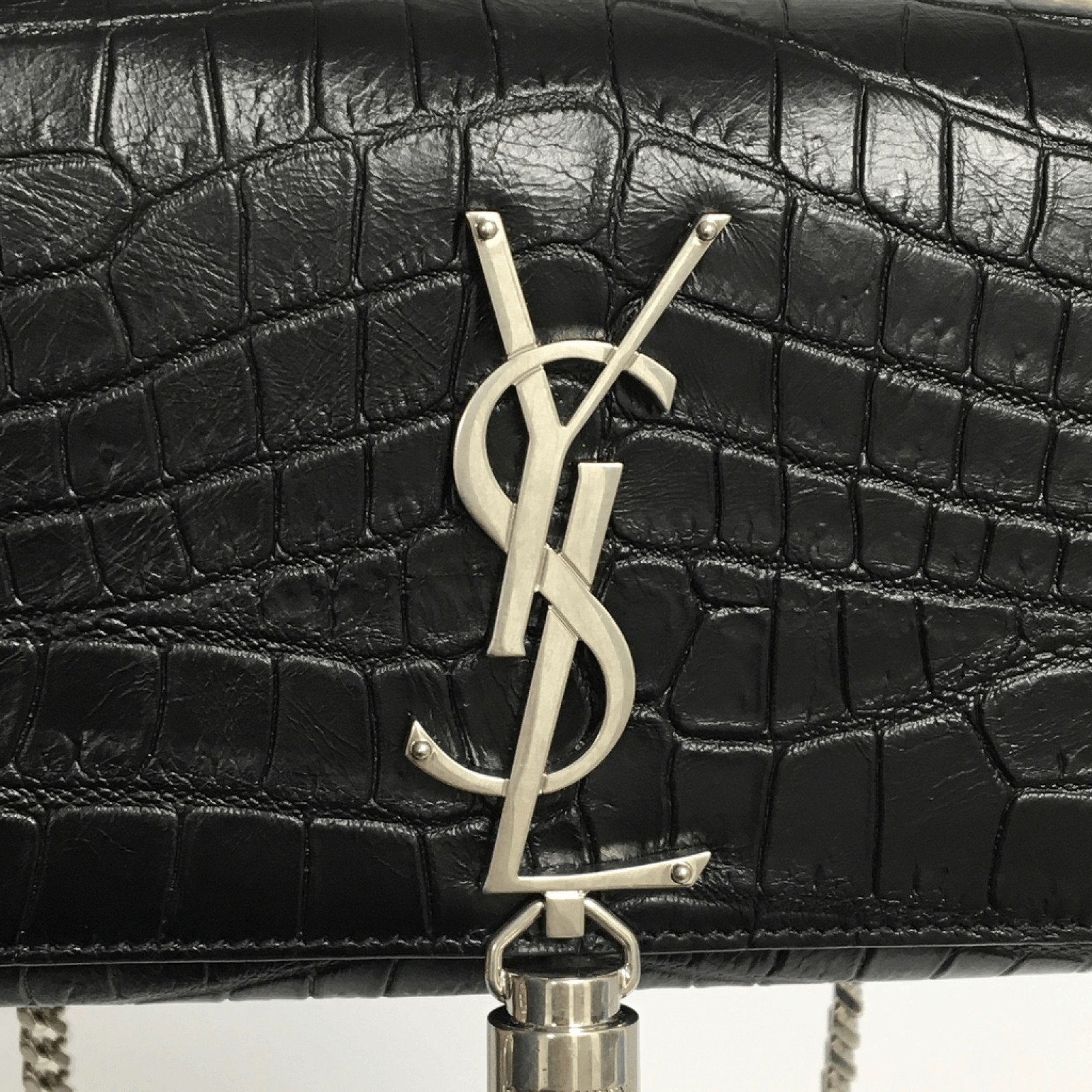 YSL Black Croc Embossed Monogram Kate Tassel Bag