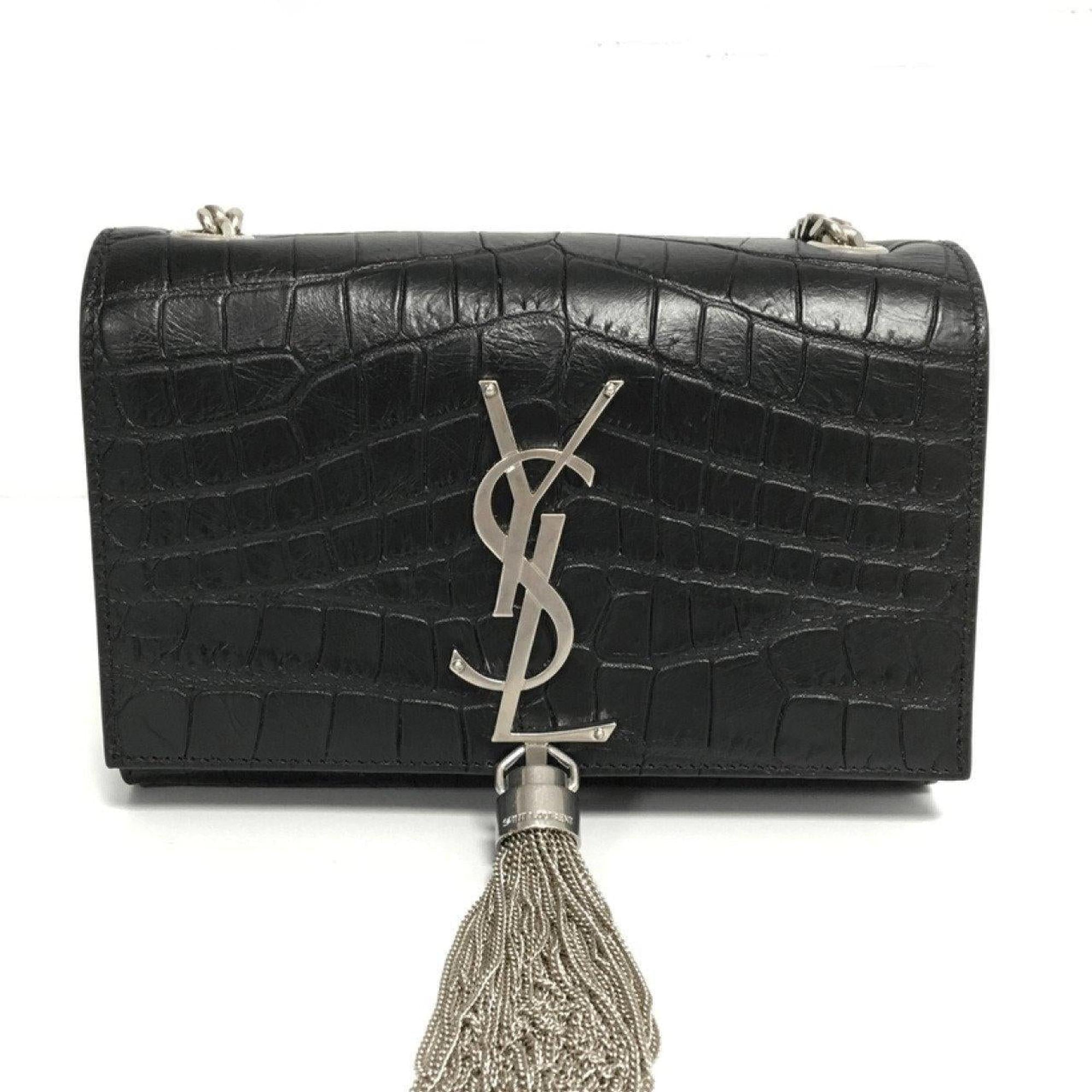 YSL Black Croc Embossed Monogram Kate Tassel Bag