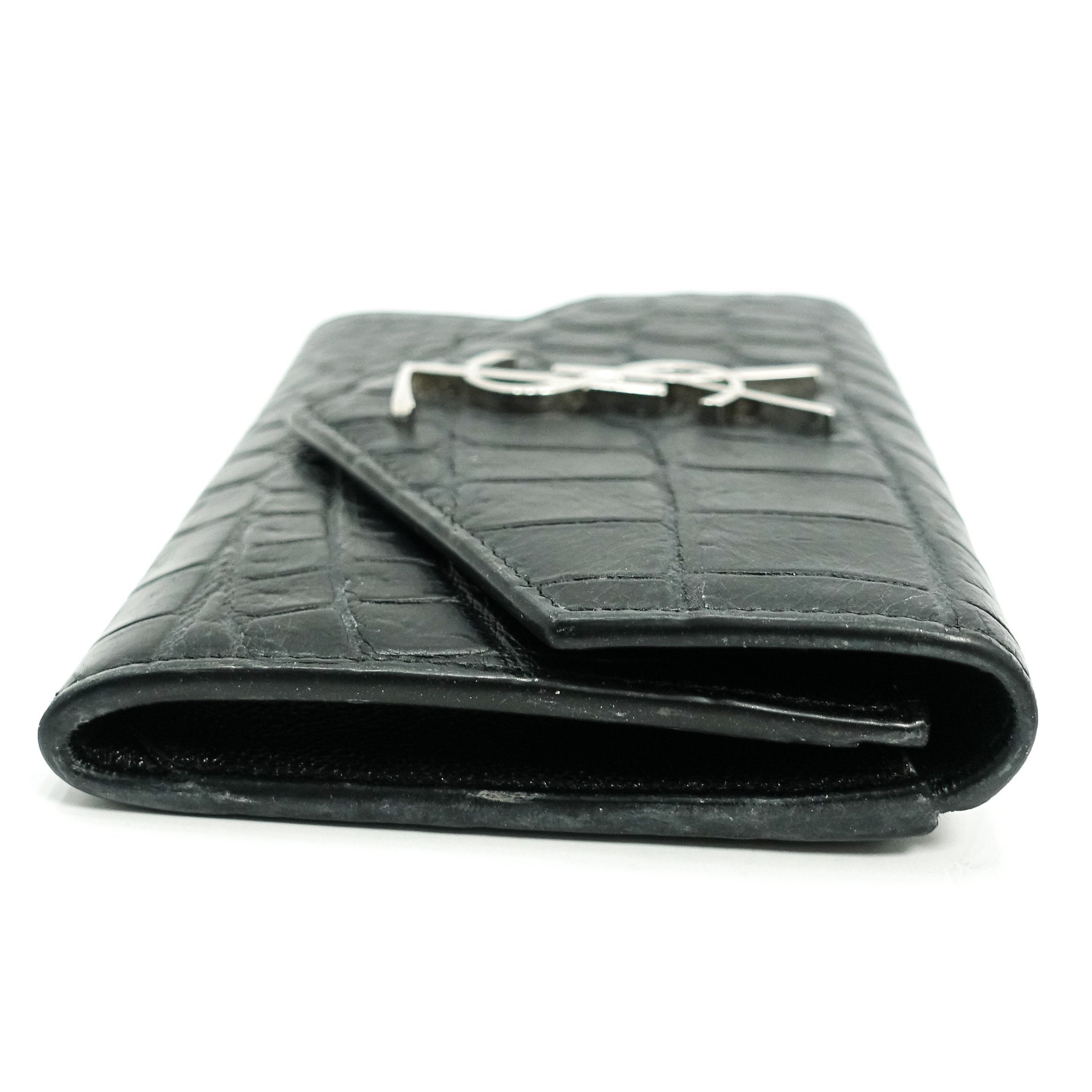 YSL Black Crocodile Embossed Small Envelope Wallet
