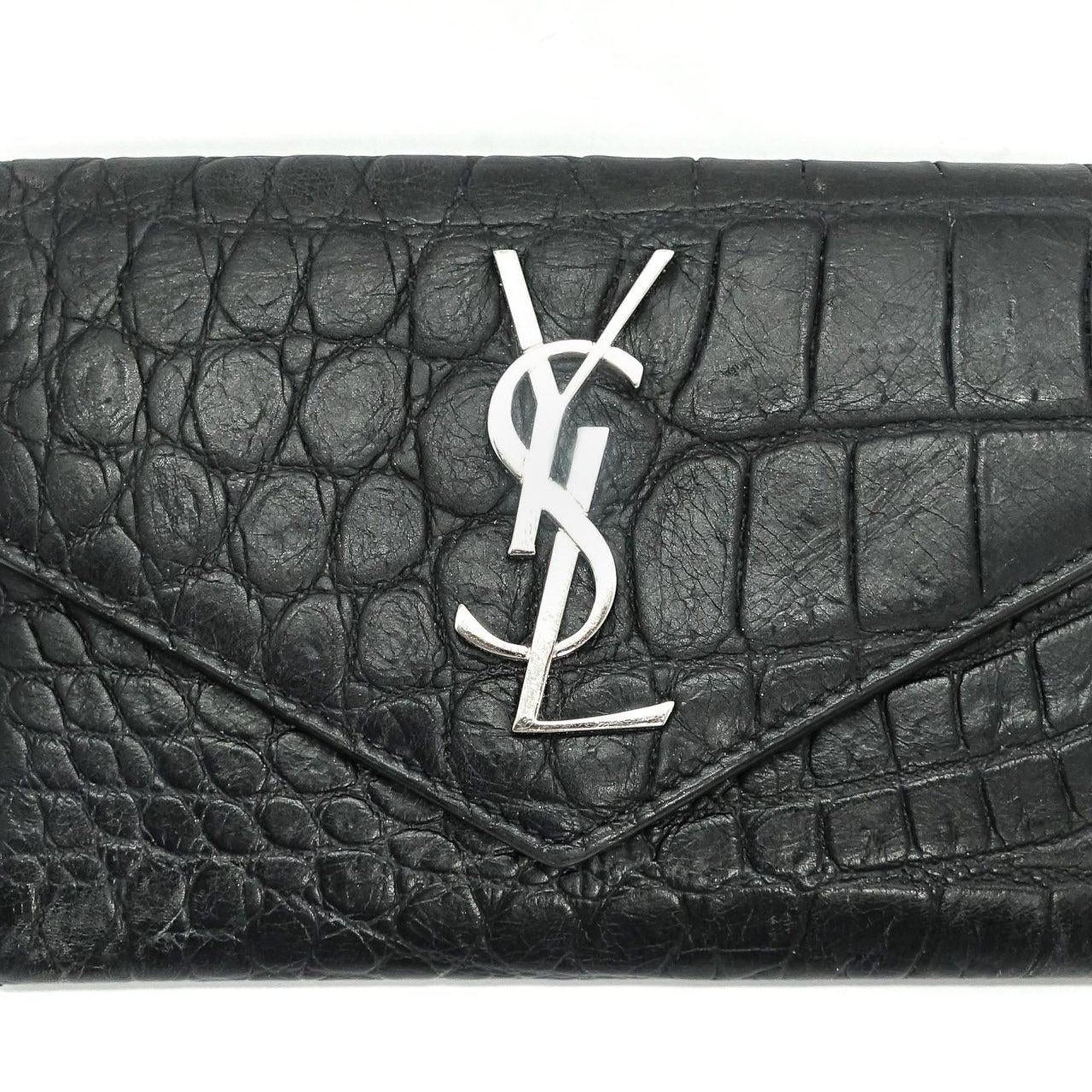 YSL Black Crocodile Embossed Small Envelope Wallet