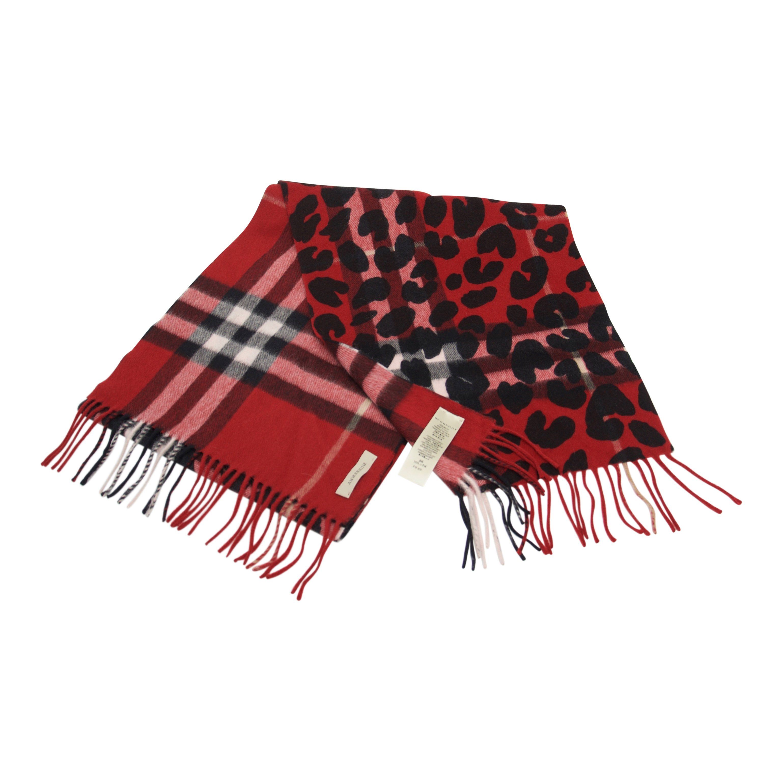 Burberry Red Check Leopard Print Cashmere Scarf