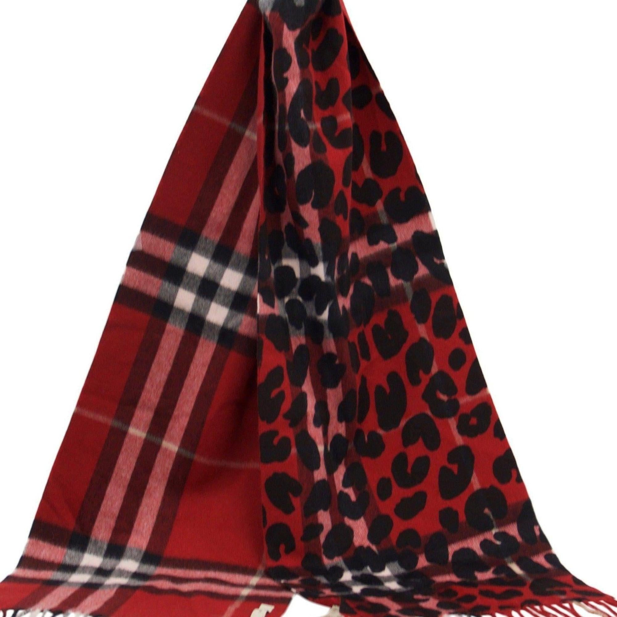 Burberry Red Check Leopard Print Cashmere Scarf