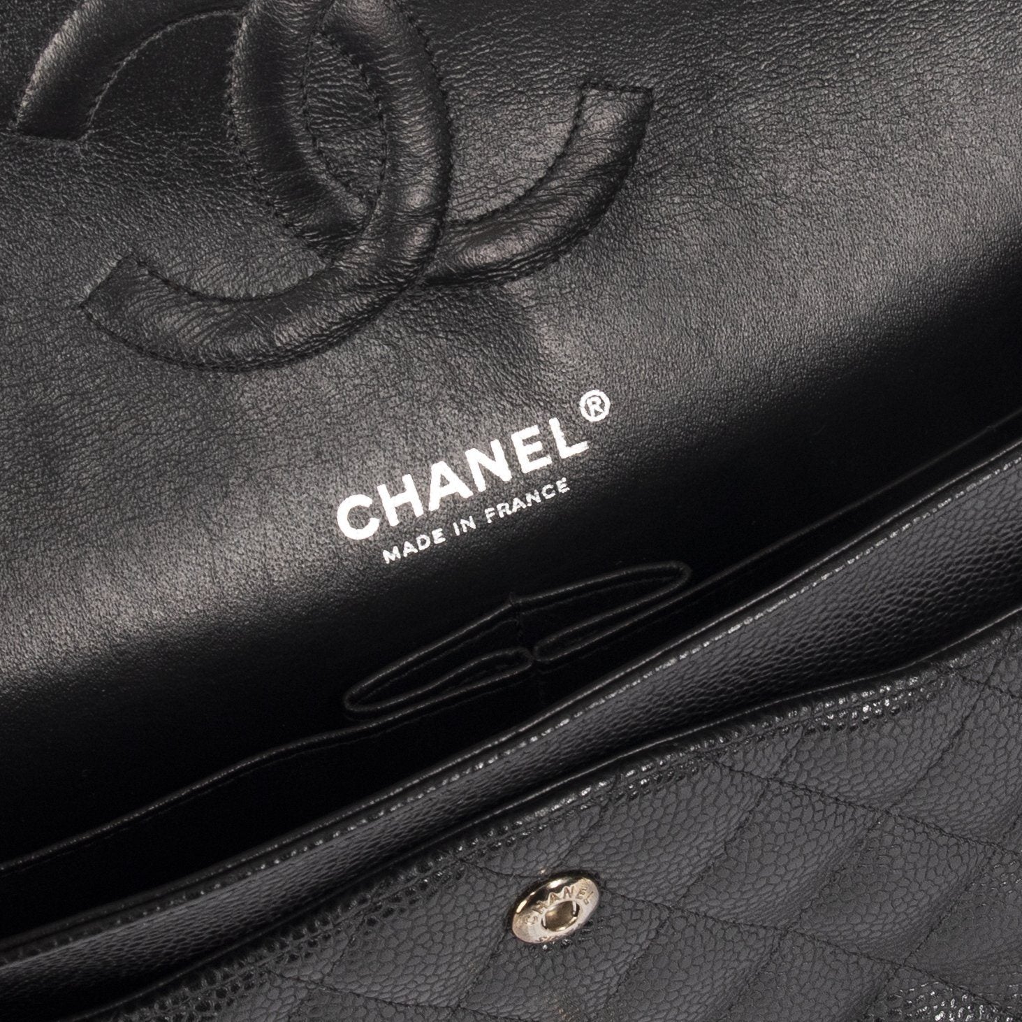 Chanel Rare Silver HW Black Quilted Caviar Medium Classic Double