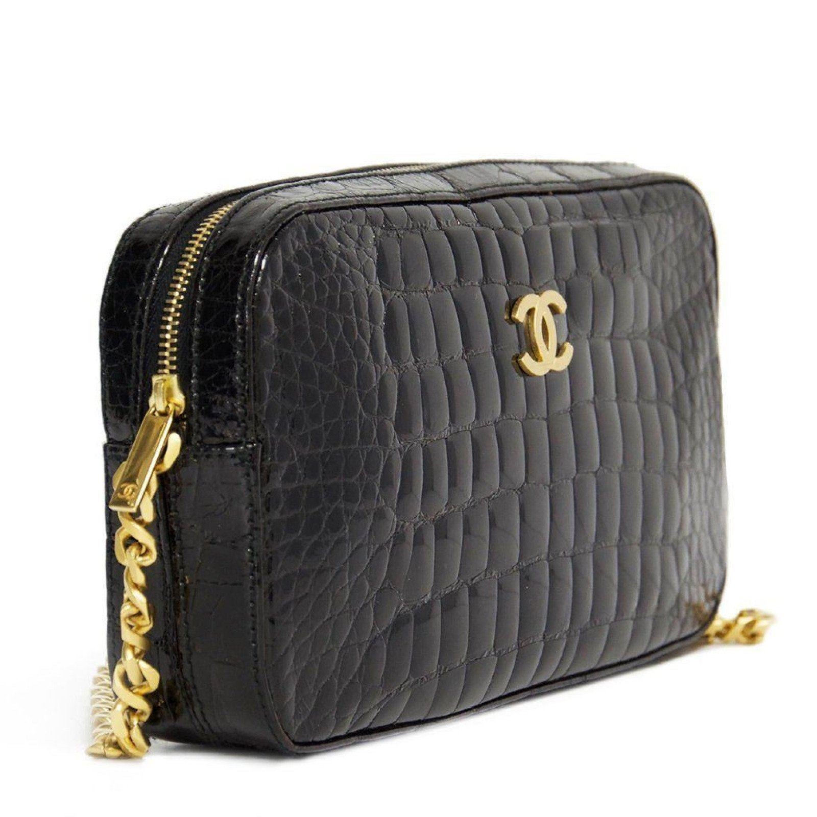 Chanel Black Crocodile Camera Bag with Brushed Gold Hardware
