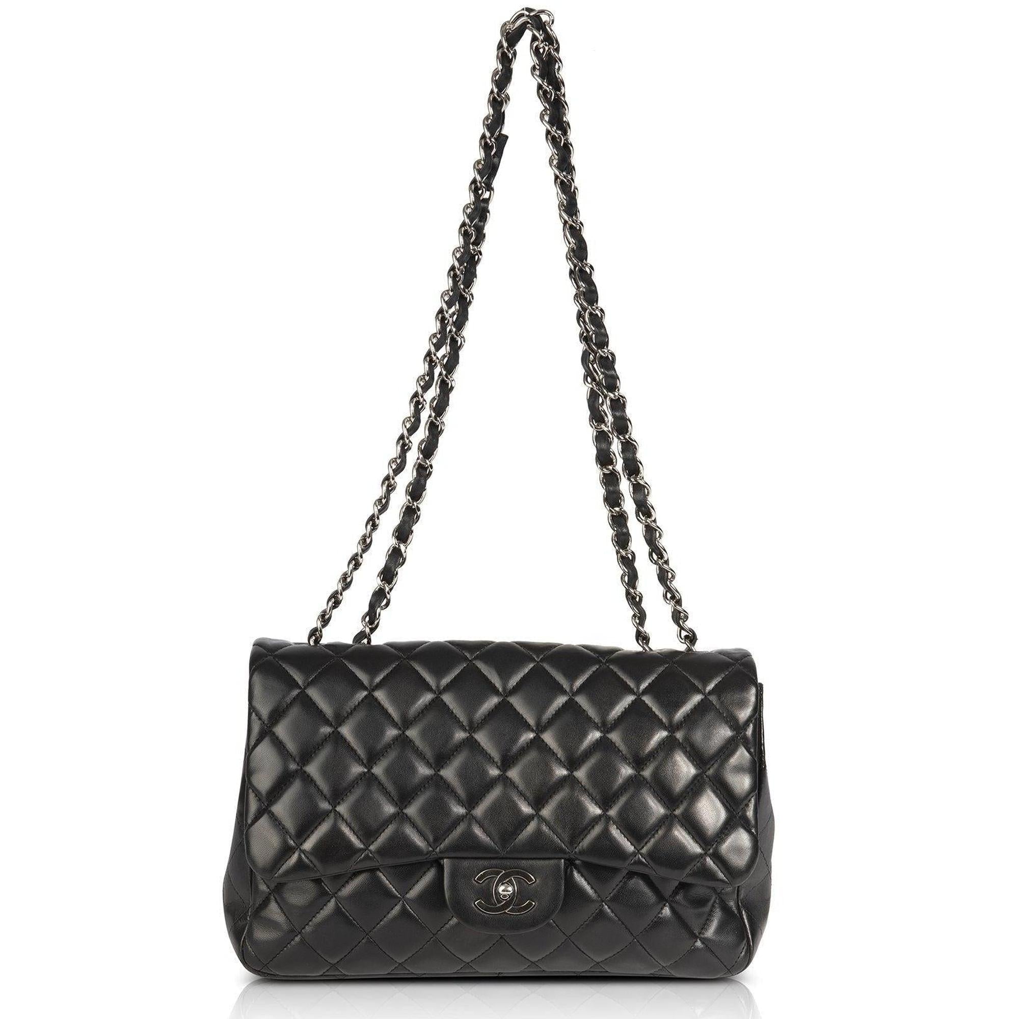 Chanel Black Lambskin Classic Jumbo Single Flap Bag w/ Box