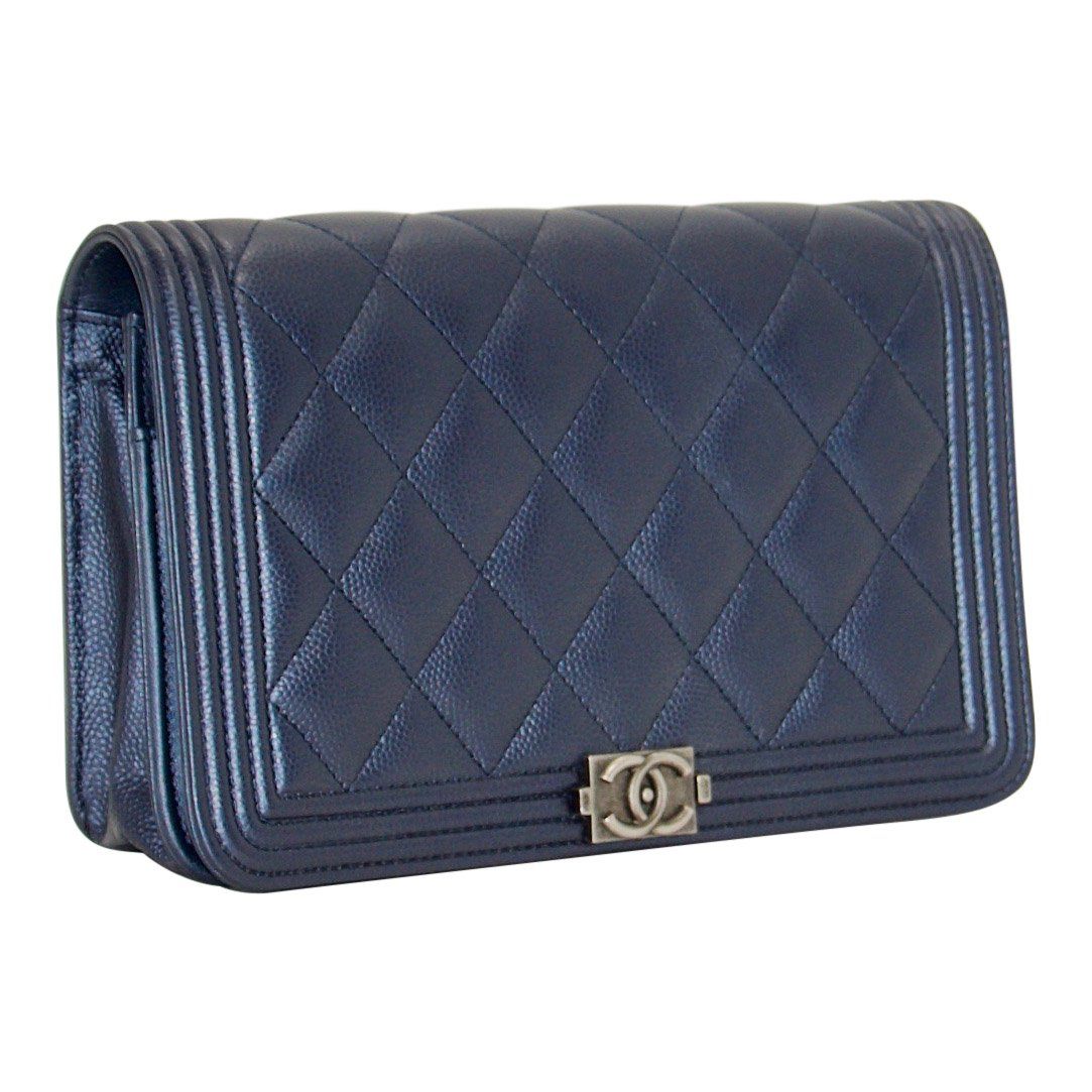 Chanel Metallic Blue Quilted Boy Wallet on Chain