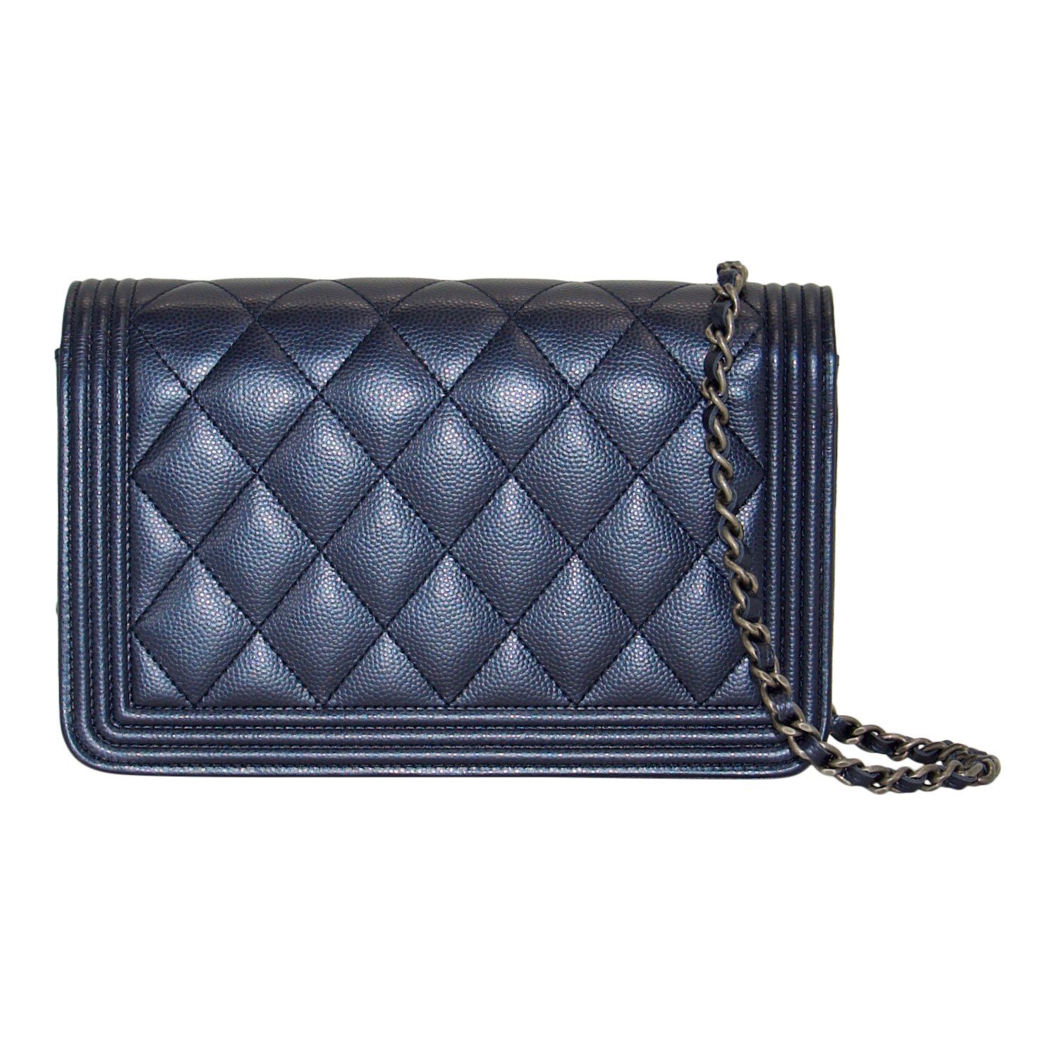 Chanel Metallic Blue Quilted Boy Wallet on Chain