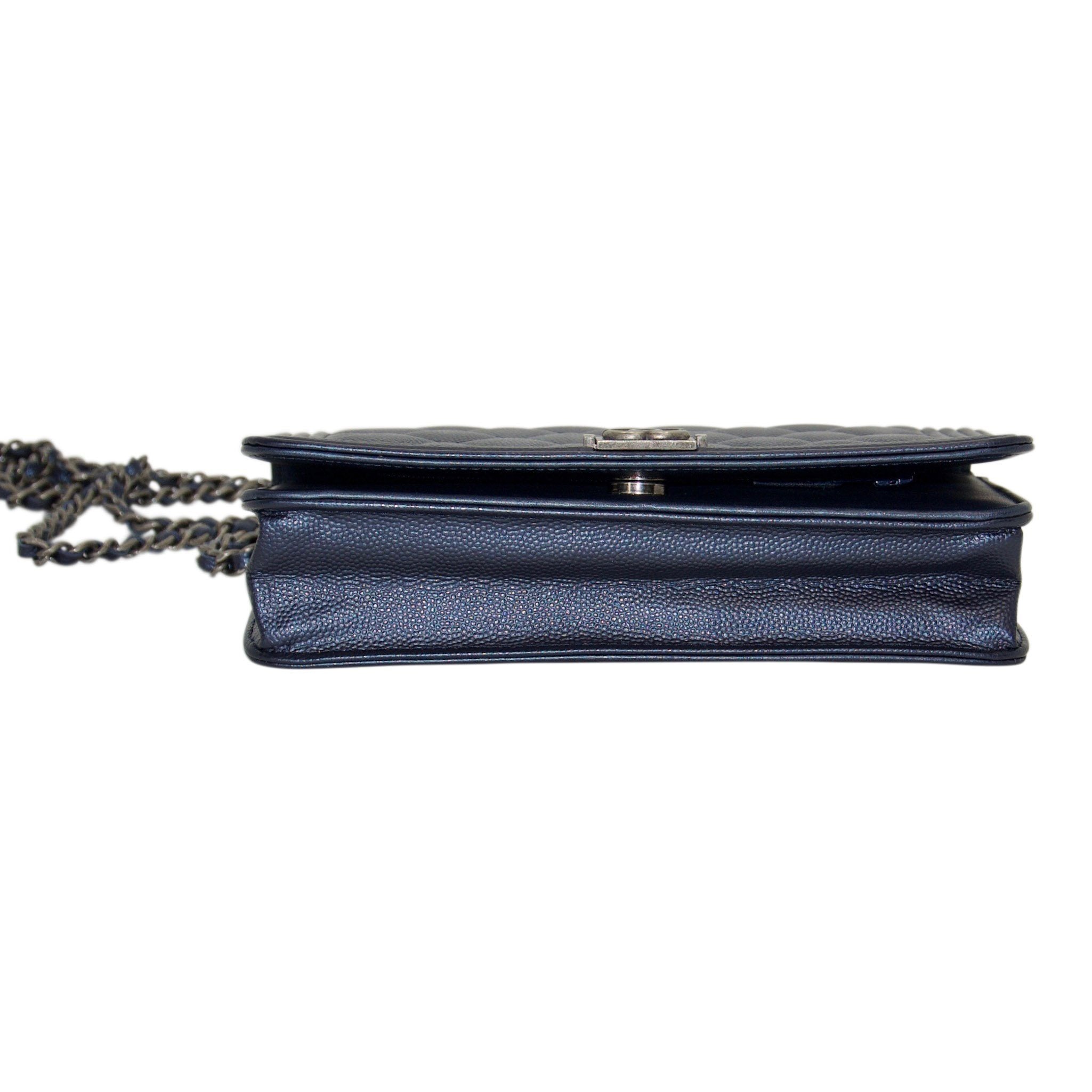 Chanel Metallic Blue Quilted Boy Wallet on Chain