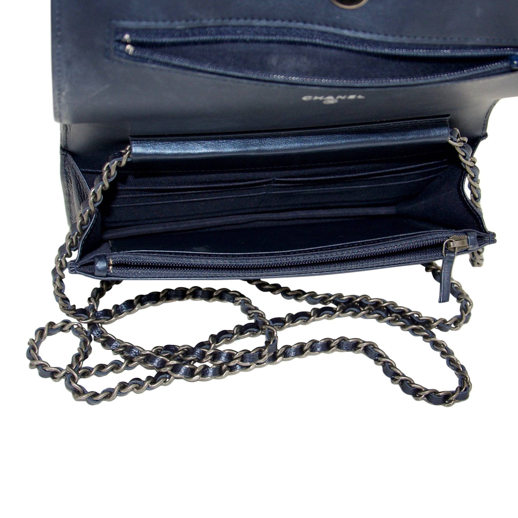 Chanel Metallic Blue Quilted Boy Wallet on Chain
