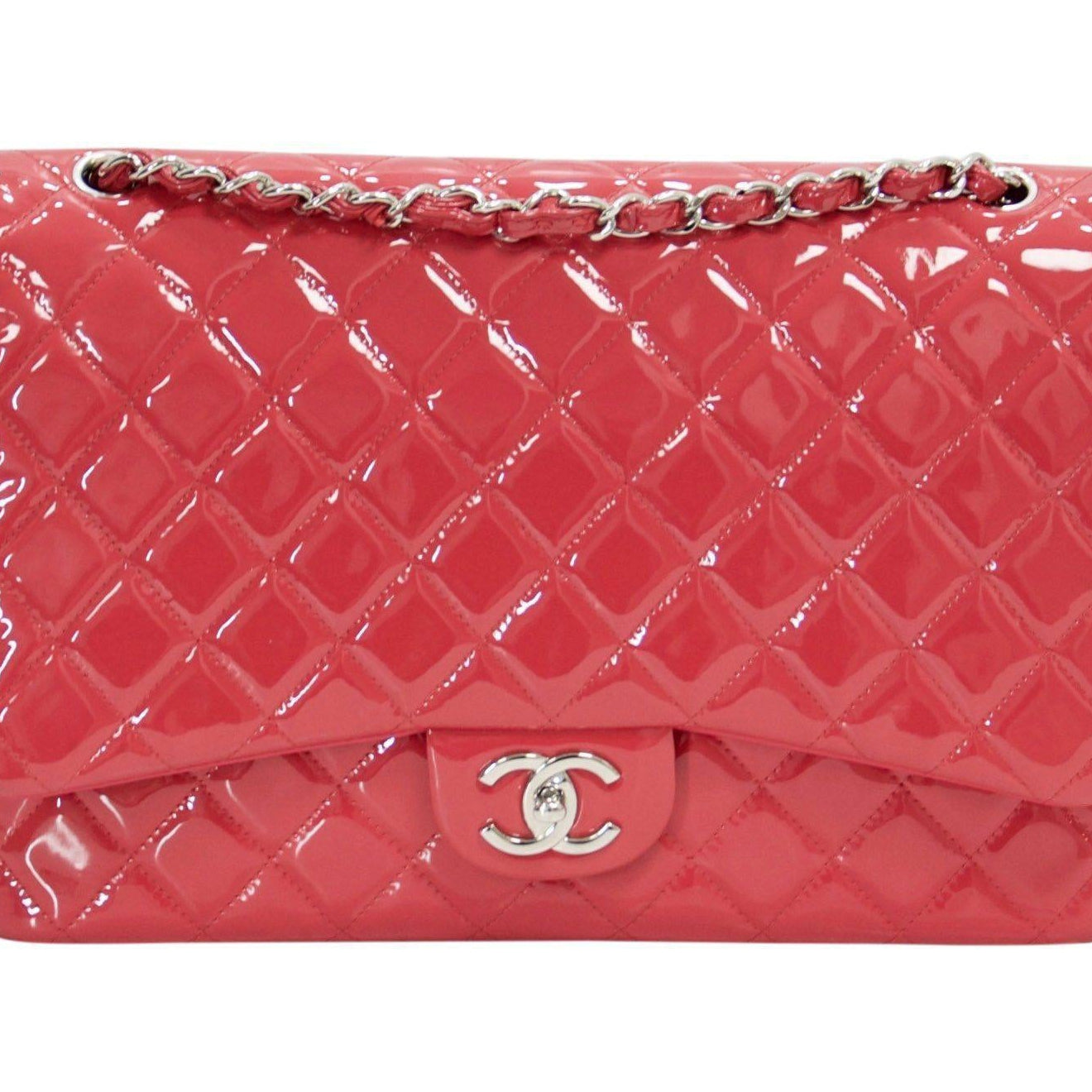 Lot - CHANEL PINK PATENT LEATHER DOUBLE FLAP BAG