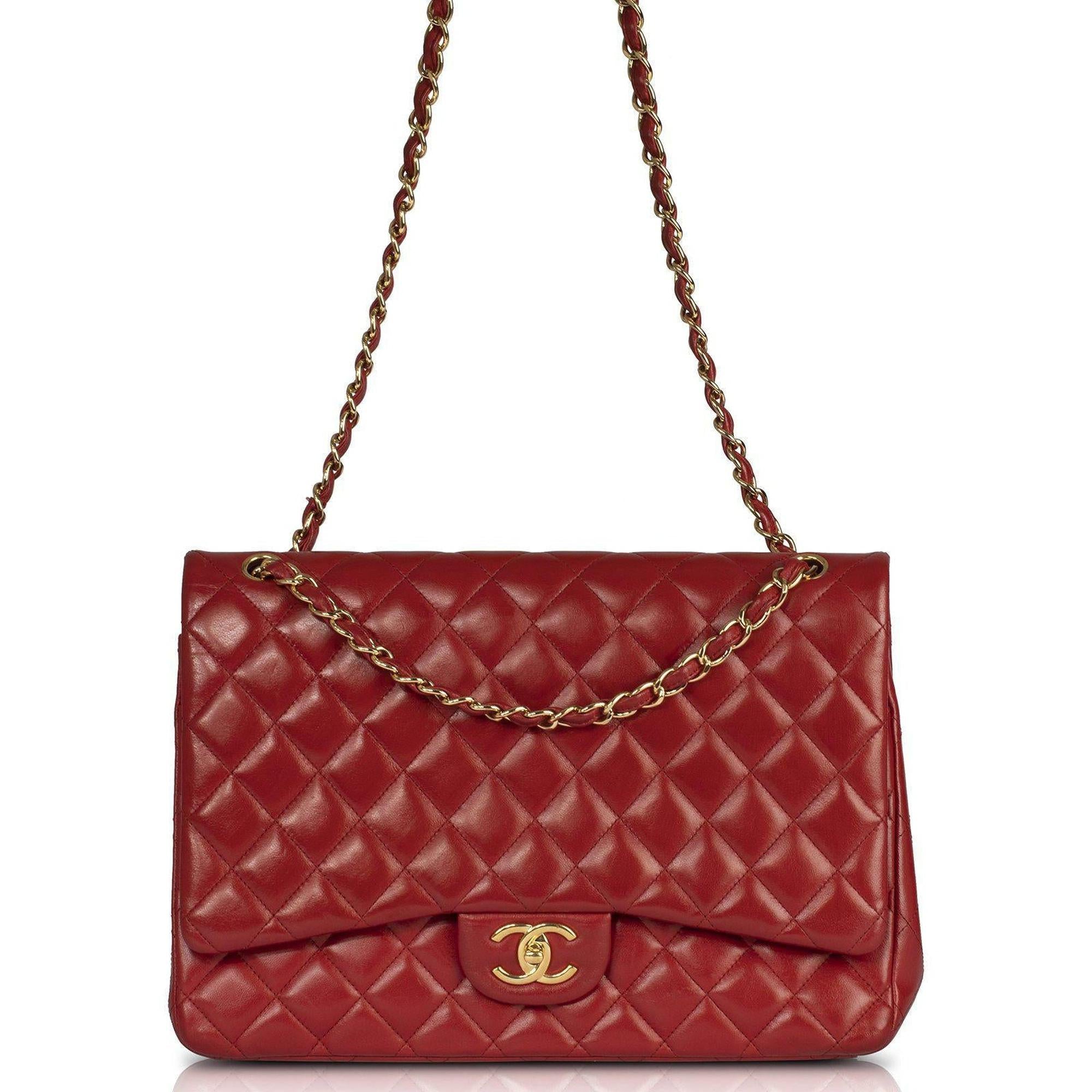 Chanel Red Lambskin Classic Maxi Double Flap Bag