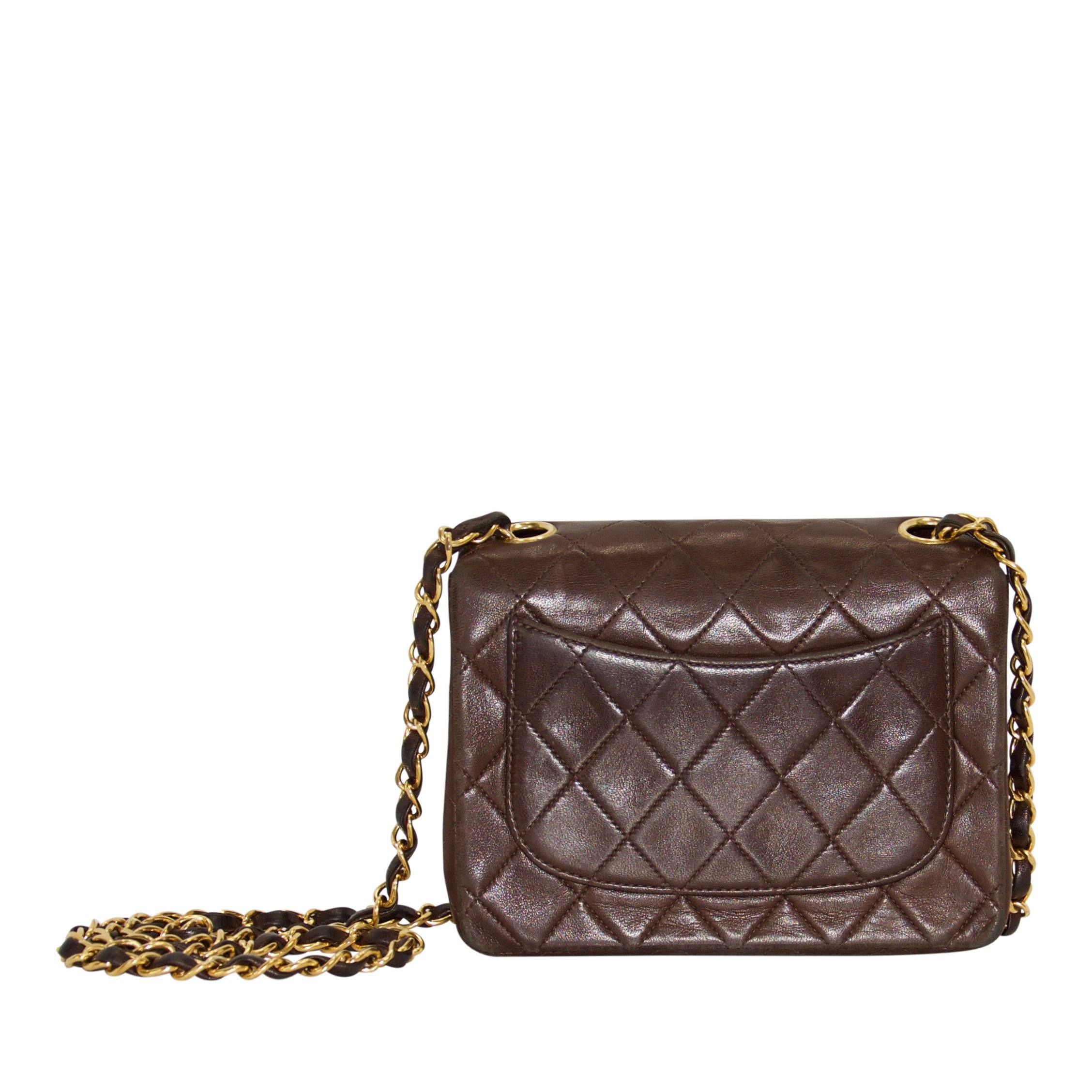 Chanel Vintage Chocolate Brown Lambskin Classic Mini Square Flap Bag