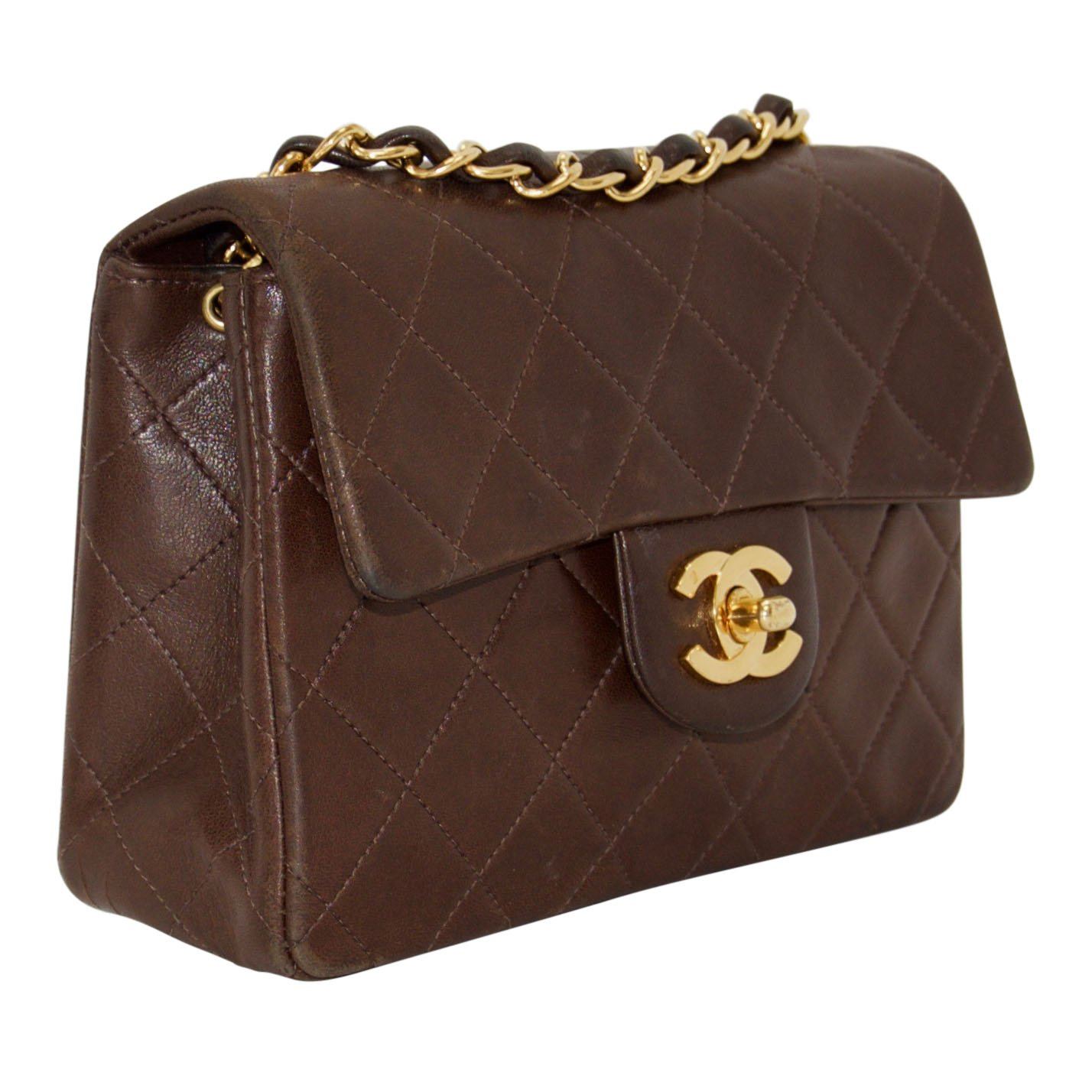 Chanel Vintage Chocolate Brown Lambskin Classic Mini Square Flap