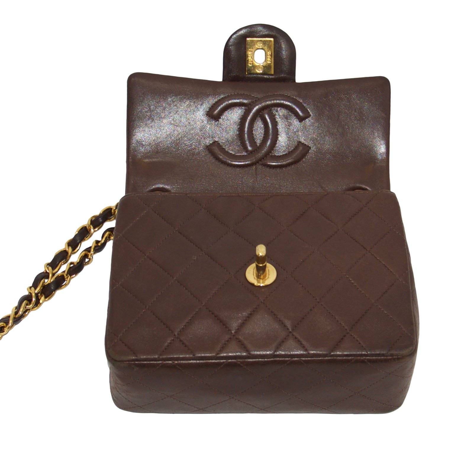 Chanel Vintage Chocolate Brown Lambskin Classic Mini Square Flap Bag