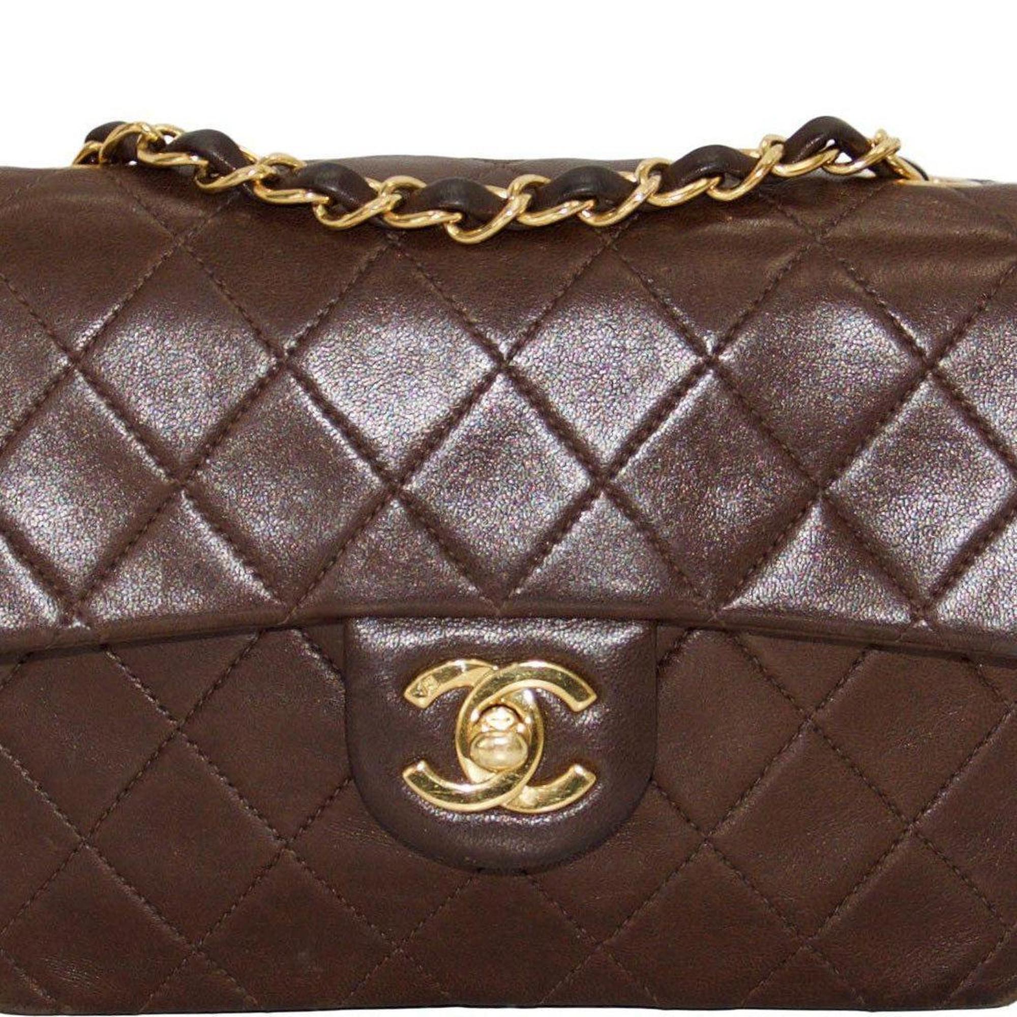 Chanel Vintage Chocolate Brown Lambskin Classic Mini Square Flap Bag