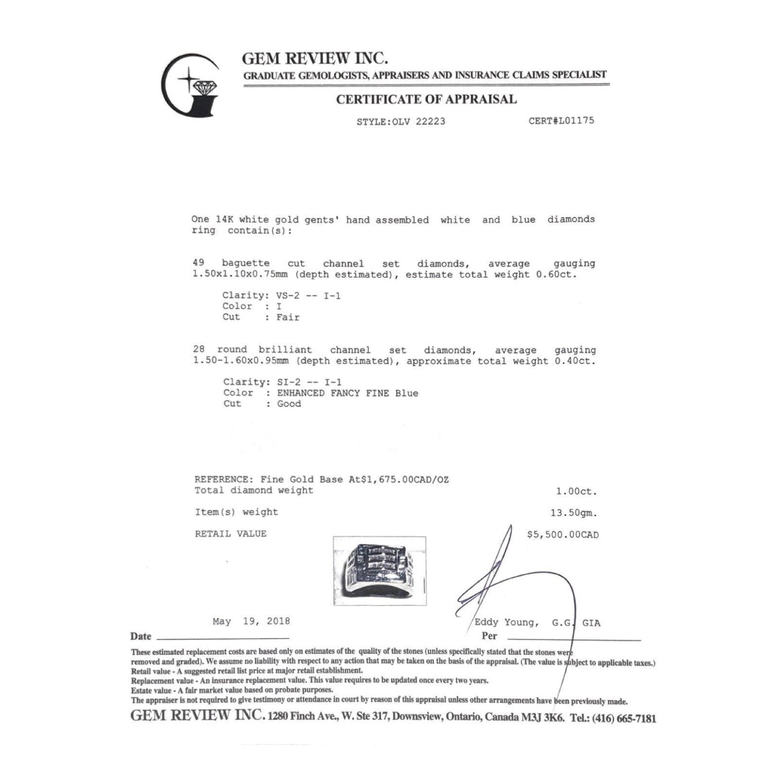 Gent's White and Blue Diamond Ring