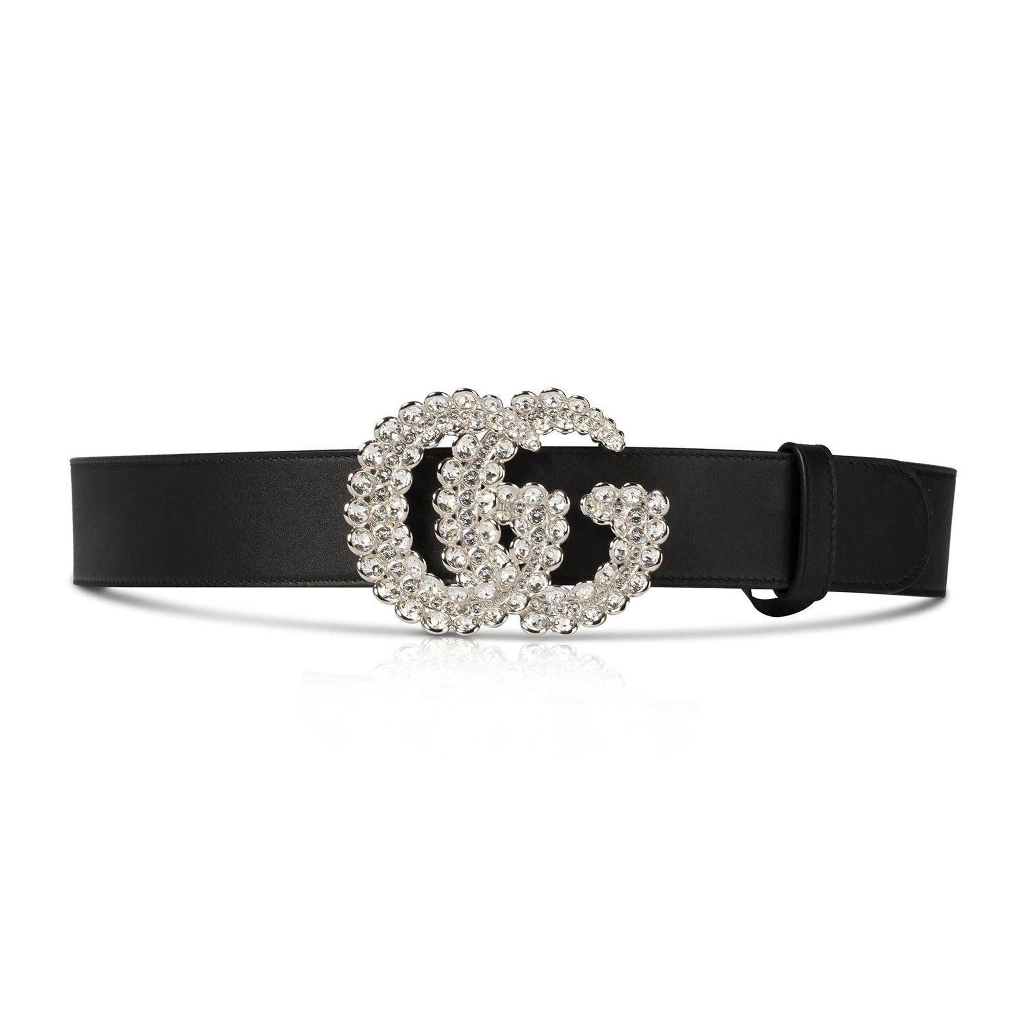 Gucci Black Leather Belt with Crystal Embellished Double G Buckle