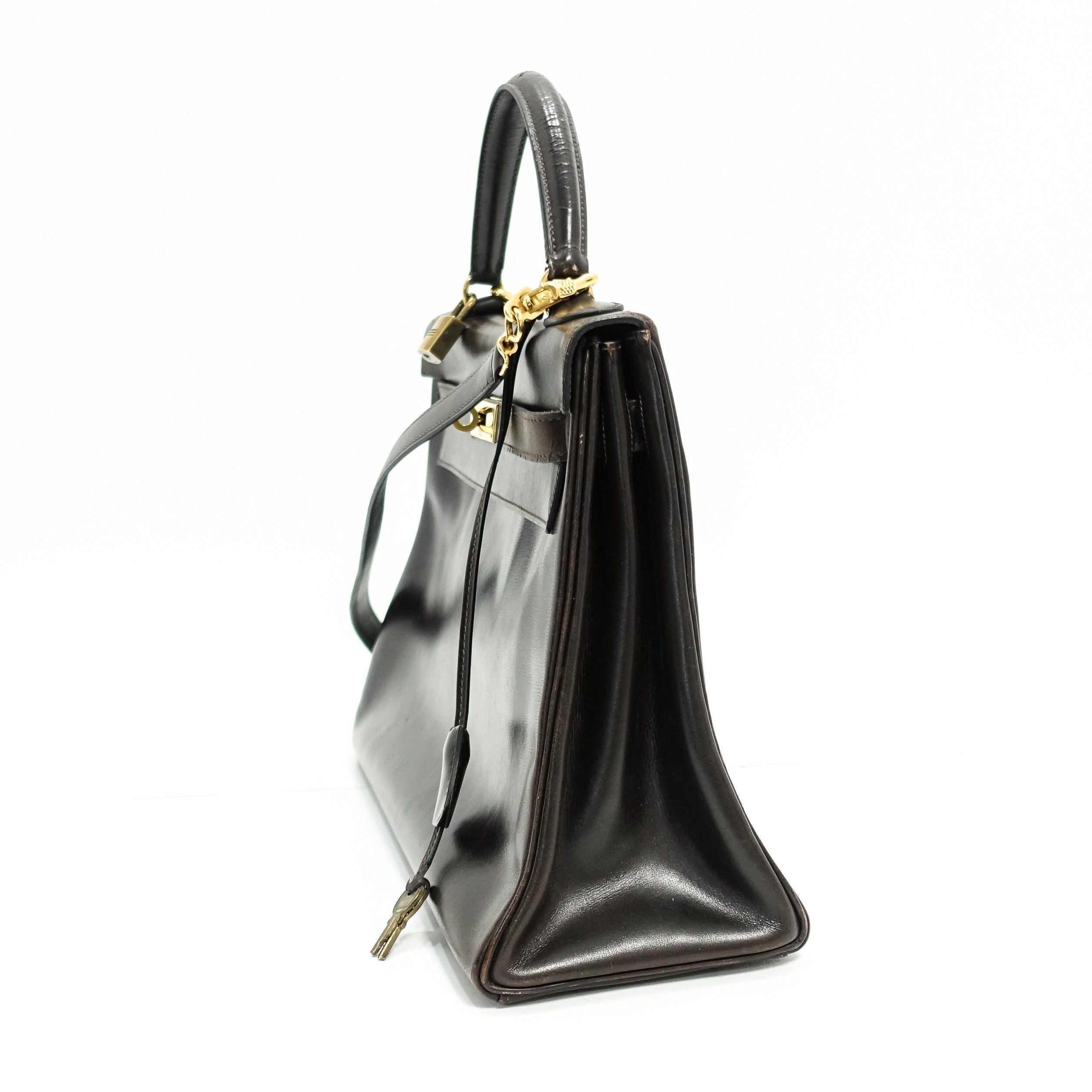 Hermes Vintage Chocolate Brown Box Leather Kelly 32