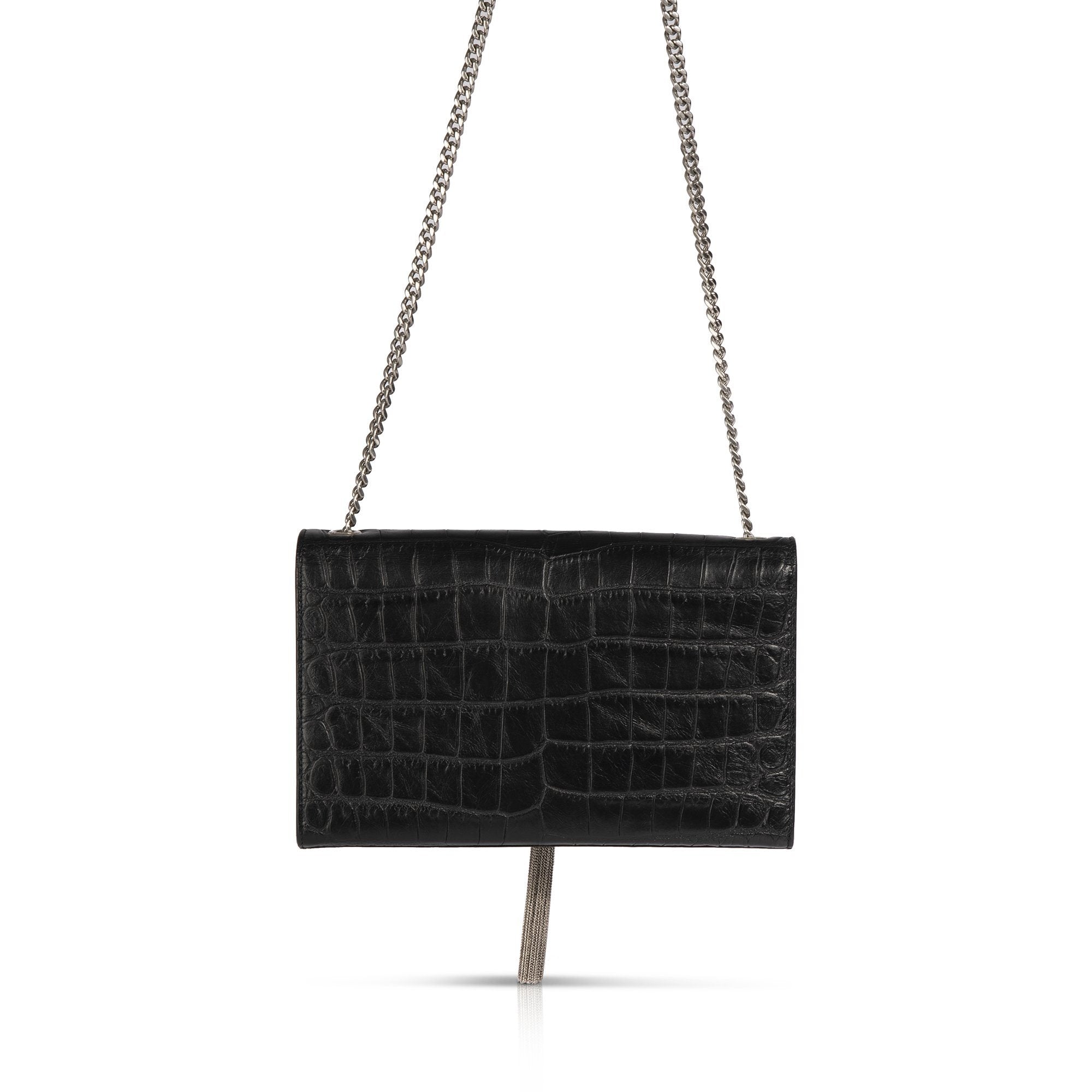 YSL Black Medium Croc Embossed Monogram Kate Tassel Bag w/ Box