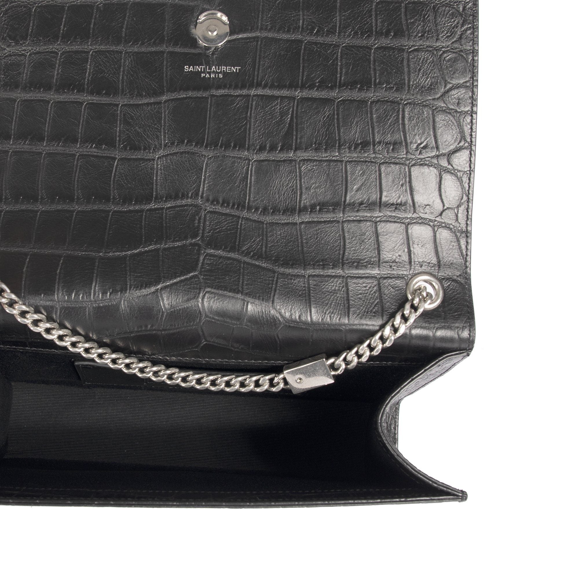 YSL Black Medium Croc Embossed Monogram Kate Tassel Bag w/ Box